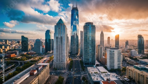 Wallpaper Mural Panoramic view of vibrant city skyline at sunset, featuring modern skyscrapers and bustling streets, perfect for urban lifestyle or travel themes Torontodigital.ca