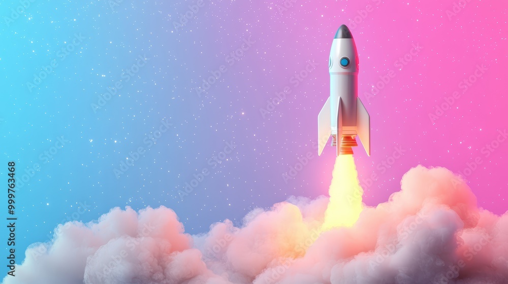 Obraz premium 3D illustration of a spacecraft lifting off into space capturing the essence of adventure and innovation in science and finance development against a colorful backdrop
