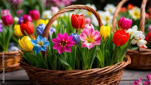 Baskets filled with colorful tulips and flowers create a vibrant spring atmosphere, perfect for celebrations and outdoor decorations