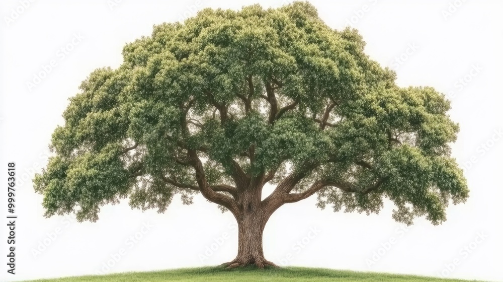 A majestic oak tree with lush green leaves standing tall on grass against a white background, perfectly isolated for creative use A majestic oak tree with lush green leaves standing tall on grass against a white background, perfectly isolated for creative use