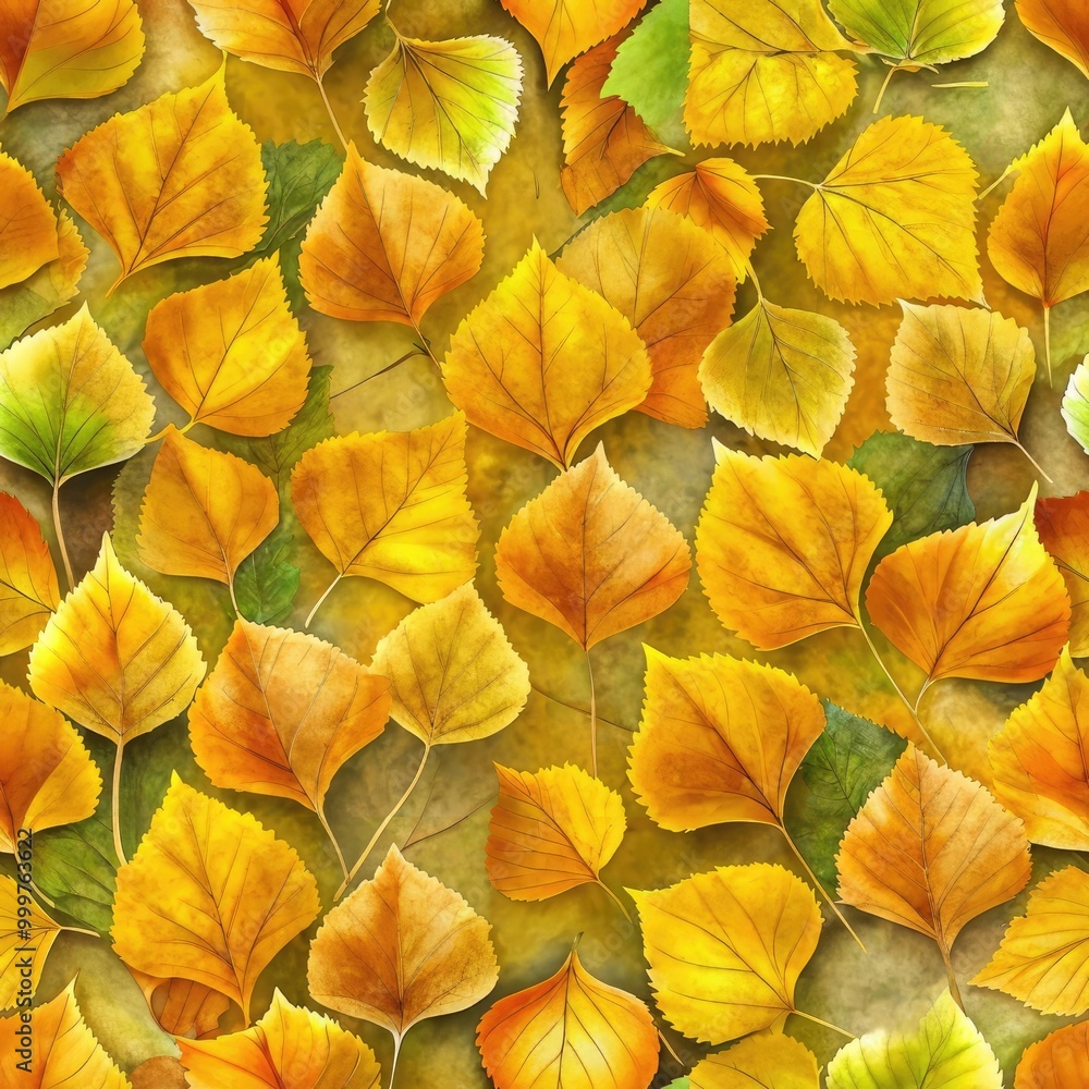 Obraz premium Vibrant autumn leaves in shades of yellow and green scattered across a textured background