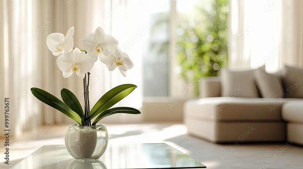 A modern minimalist living room with a single potted orchid in full bloom on a sleek glass coffee table. The white petals contrast beautifully against the rooms neutral decor. A modern minimalist living room with a single potted orchid in full bloom on a sleek glass coffee table. The white petals contrast beautifully against the rooms neutral decor.