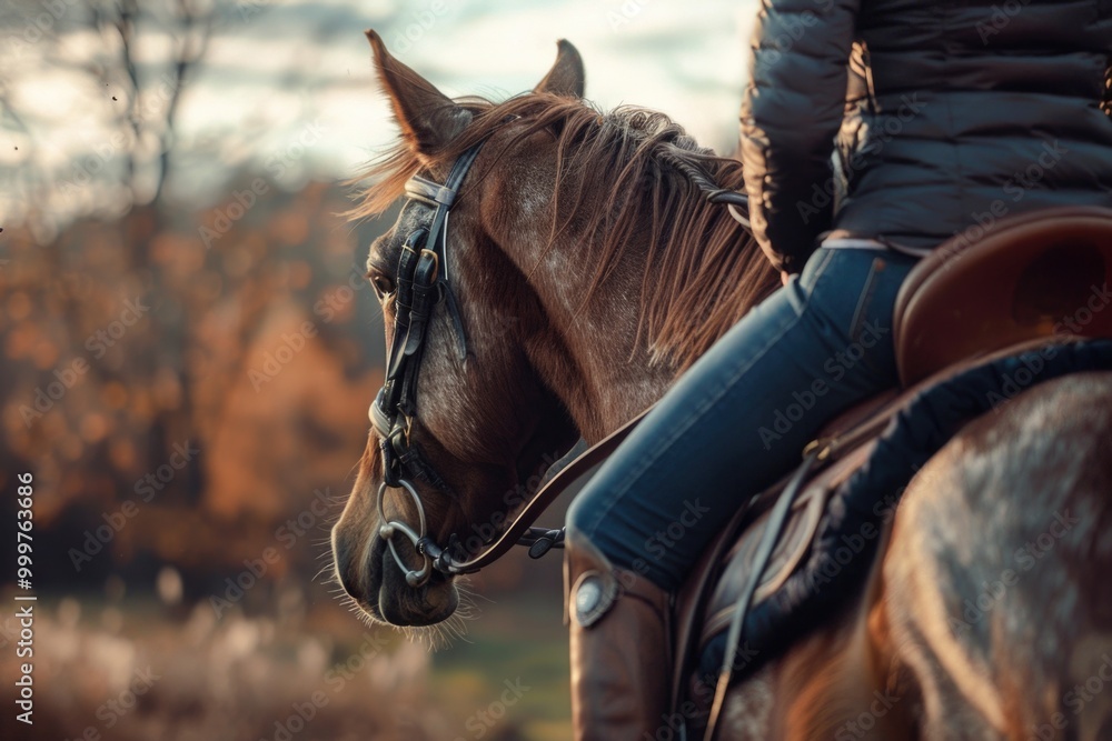 Obraz premium Close-up shot of a person riding a horse, great for outdoor or adventure themes
