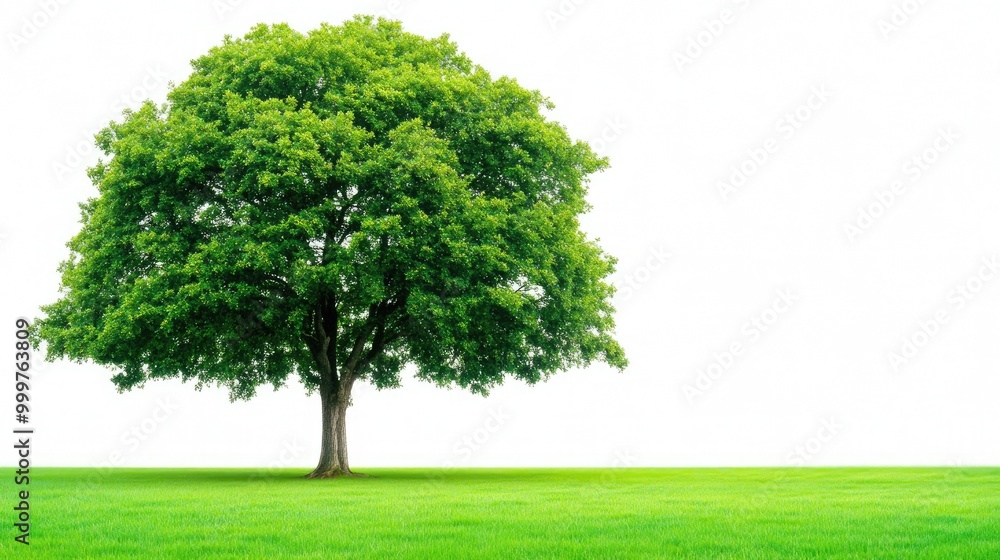 A majestic oak tree with lush green leaves standing tall on grass against a white background, perfectly isolated for creative use A majestic oak tree with lush green leaves standing tall on grass against a white background, perfectly isolated for creative use