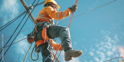 A lineman ascending an electrical tower, working on power lines