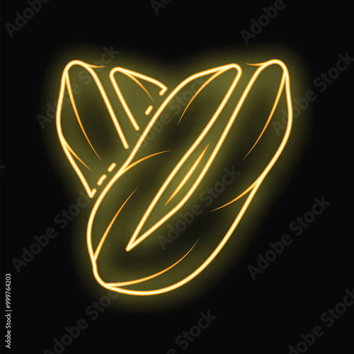 Glowing neon icon of three pistachios forming a heart shape, symbolizing love and healthy snacking