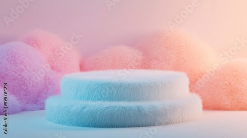 A calm composition with rounded, fluffy platforms in soft white for product presentation, surrounded by pastel tones reminiscent of clouds