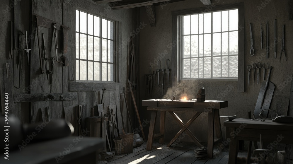 A rustic workshop filled with tools and a glowing forge, creating a warm, industrious atmosphere. A rustic workshop filled with tools and a glowing forge, creating a warm, industrious atmosphere.