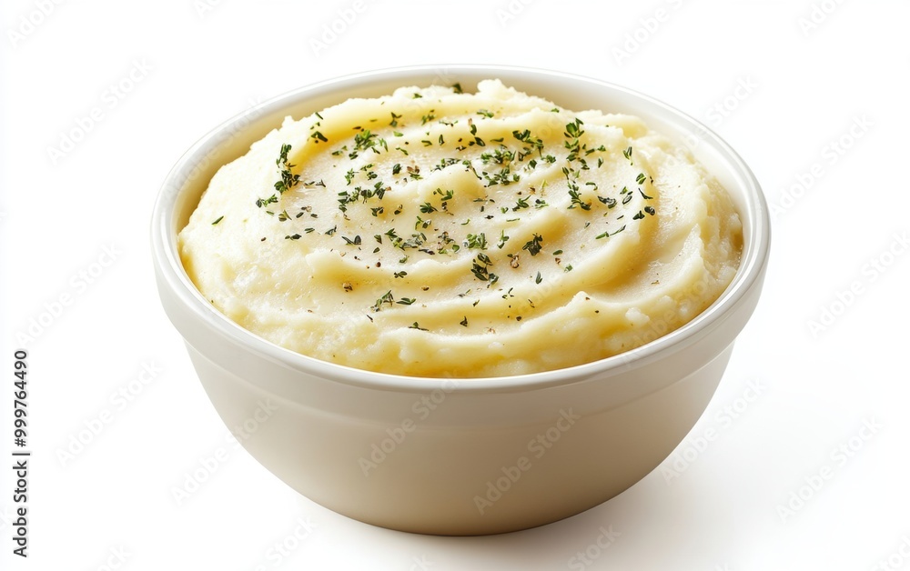 Creamy mashed potatoes garnished with herbs in a bowl, perfect for a comforting meal or festive gathering Creamy mashed potatoes garnished with herbs in a bowl, perfect for a comforting meal or festive gathering