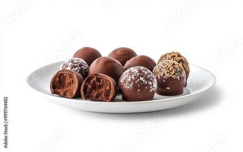 Delicious assortment of chocolate truffles and desserts on a white plate in a bright setting photo