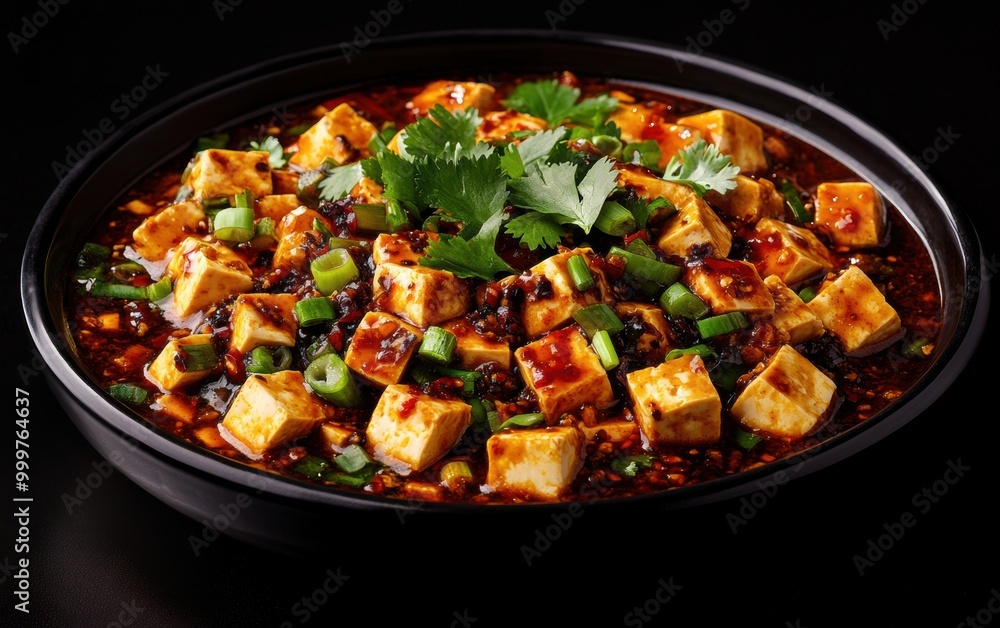 Delicious tofu stir-fry with vegetables and spicy sauce served in a bowl on a dark background Delicious tofu stir-fry with vegetables and spicy sauce served in a bowl on a dark background