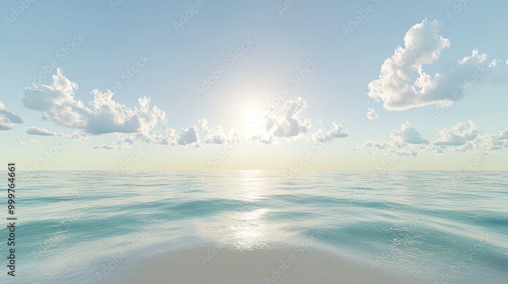 A serene ocean view with gentle waves and a bright sun illuminating the sky. A serene ocean view with gentle waves and a bright sun illuminating the sky.
