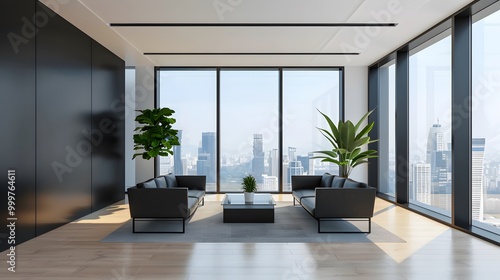 A large, modern living room with a view of the city