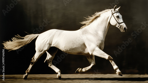 A beautiful white horse is captured mid-gallop, displaying its elegance and grace. This image represents freedom, strength, and beauty in motion, with a stunning natural backdrop.