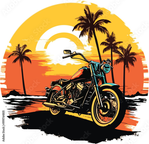 Vibrant Motorcycle Scene with Setting Sun Vector illustration for Tshirt design photo