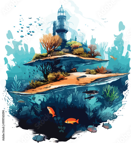 Underwater world with lighthouse island Vector illustration for Tshirt design