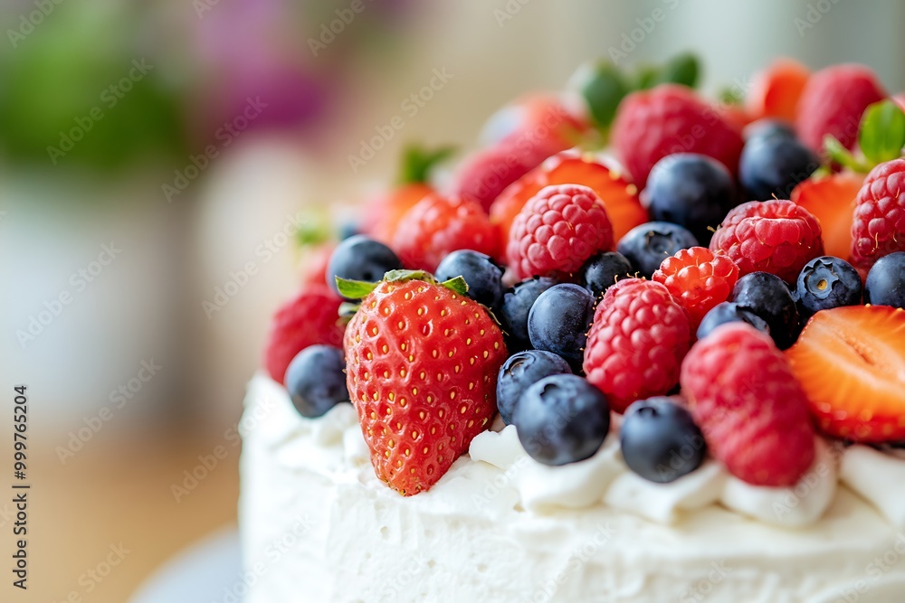 Delicious white cake decorated with strawberries, blueberries and raspberries Delicious white cake decorated with strawberries, blueberries and raspberries