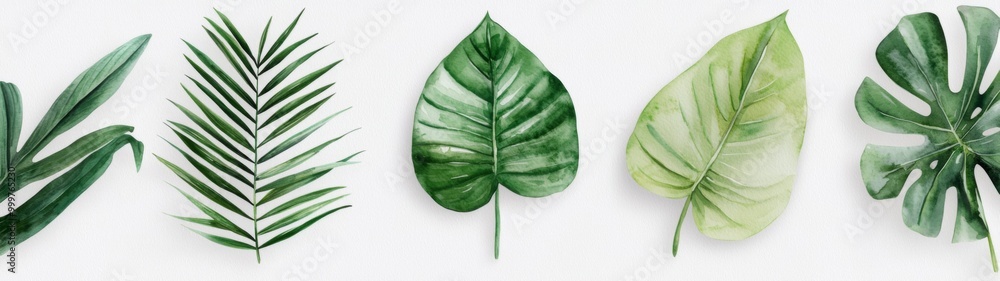 Naklejka premium Tropical Foliage Art, a vibrant collection of hand-painted palm leaves and lush green plants, showcases botanical beauty in a minimalist and serene setting.