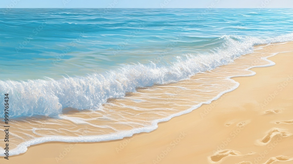 A serene beach scene with gentle waves lapping against the sandy shore under a clear sky. A serene beach scene with gentle waves lapping against the sandy shore under a clear sky.