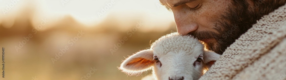 Shepherd Jesus Christ Caring for a Lost Lamb, warm tones envelop the scene, highlighting compassion and tenderness, soft focus emphasizes the emotional bond between them Shepherd Jesus Christ Caring for a Lost Lamb, warm tones envelop the scene, highlighting compassion and tenderness, soft focus emphasizes the emotional bond between them