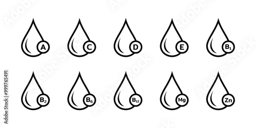 Set of Multi Vitamin complex icons. Vitamin capsules set. Vitamin A, B group B1, B2, B6, B12, C, D, D3, E, K, Mg, Ca, Omega. Vitamin complex icons. Vector illustration.