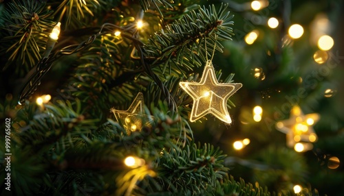 A Crystal Star Ornament Hanging on a Christmas Tree with Lights