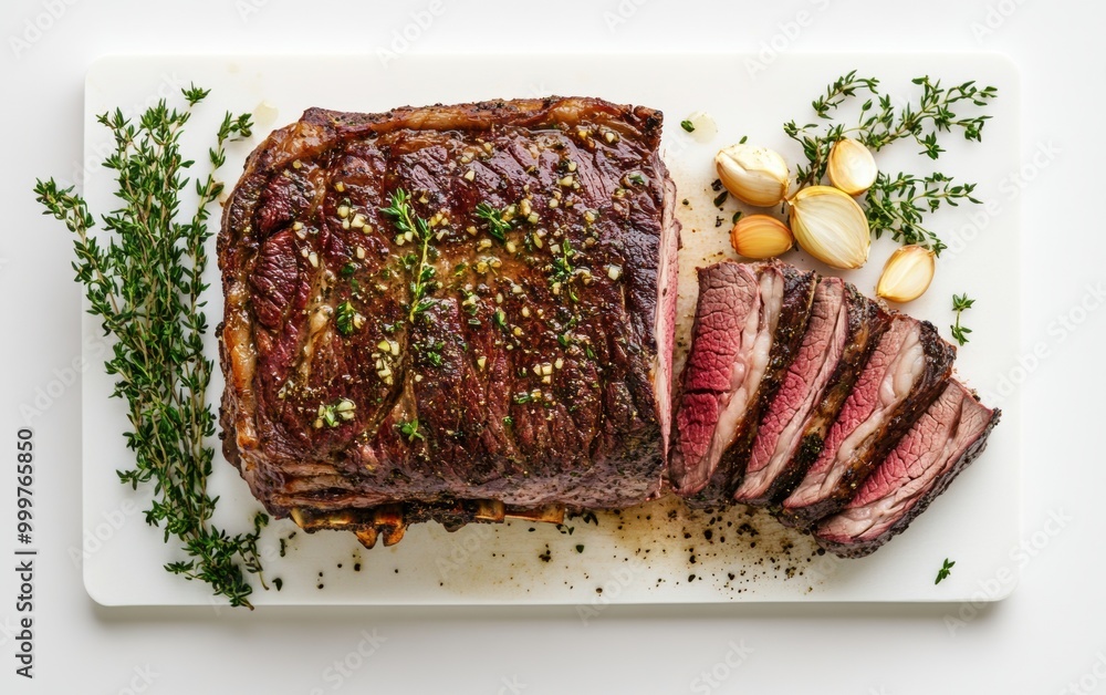 Succulent prime rib roast perfectly cooked with garlic and herbs on a stylish cutting board against a clean white background Succulent prime rib roast perfectly cooked with garlic and herbs on a stylish cutting board against a clean white background