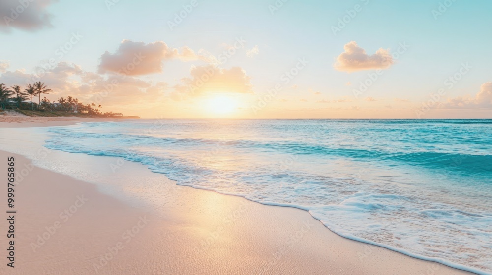 Obraz premium A serene beach scene at sunrise with gentle waves and a colorful sky.