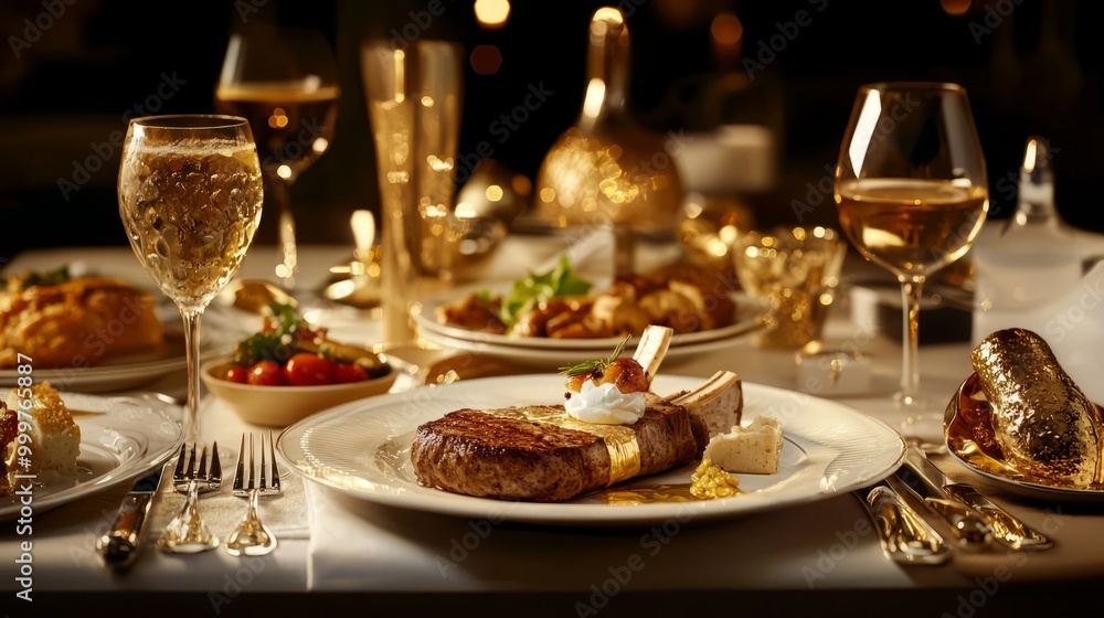 A luxurious gourmet steak dinner served with appetizers and wine on an elegant table, featuring golden accents and warm lighting. A luxurious gourmet steak dinner served with appetizers and wine on an elegant table, featuring golden accents and warm lighting.