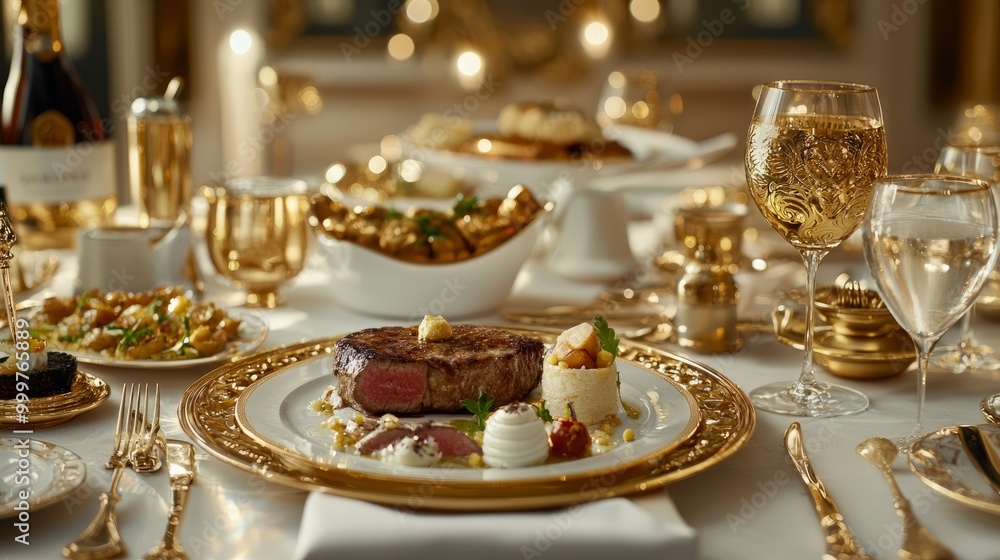 A luxurious gourmet steak dinner served with appetizers and wine on an elegant table, featuring golden accents and warm lighting. A luxurious gourmet steak dinner served with appetizers and wine on an elegant table, featuring golden accents and warm lighting.