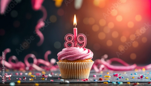 Birthday cupcake with burning lit candle with number 89. Number eighty-nine for eighty-nine years or eighty-ninth anniversary. photo