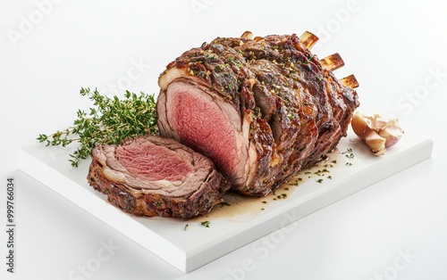 Succulent prime rib roast perfectly cooked with garlic and herbs on a stylish cutting board against a clean white background photo