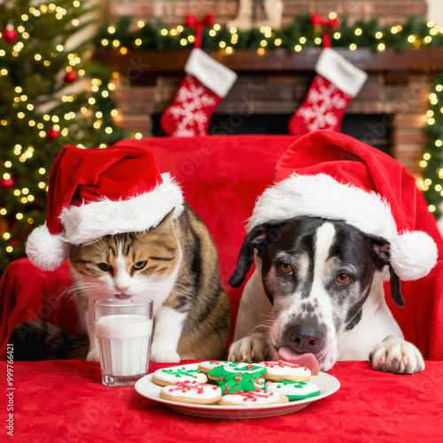 Festive Cat and Dog with Christmas Treats and Holiday Decorations with Copy-Space