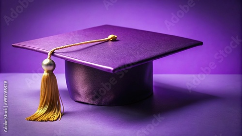 Graduation cap with tassel on purple background with shallow depth of field photo