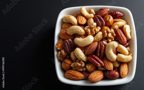 A colorful assortment of mixed nuts served on a white plate against a plain background photo