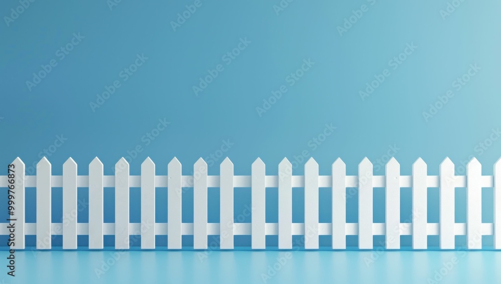 White picket fence on a light blue background, creating a serene and inviting atmosphere Perfect for themes of home, garden, and tranquility White picket fence on a light blue background, creating a serene and inviting atmosphere Perfect for themes of home, garden, and tranquility