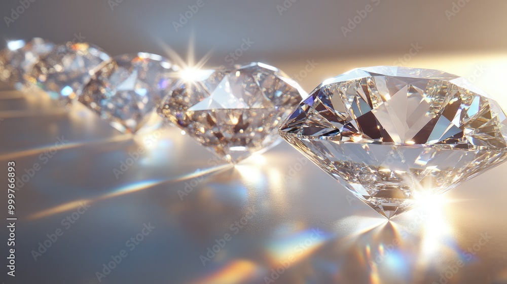 Multiple diamonds in various shapes and sizes placed in a row, their clarity and brilliance emphasized by soft spotlighting. Multiple diamonds in various shapes and sizes placed in a row, their clarity and brilliance emphasized by soft spotlighting.