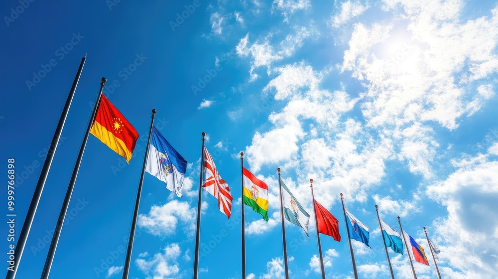 Multiple flags aligned in a row, fluttering in the wind under a bright, cloudless sky, representing international unity and peace. Multiple flags aligned in a row, fluttering in the wind under a bright, cloudless sky, representing international unity and peace.