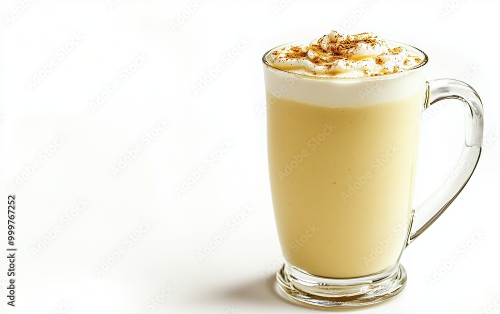 Creamy latte topped with whipped cream and caramel drizzle served in a clear glass mug Creamy latte topped with whipped cream and caramel drizzle served in a clear glass mug