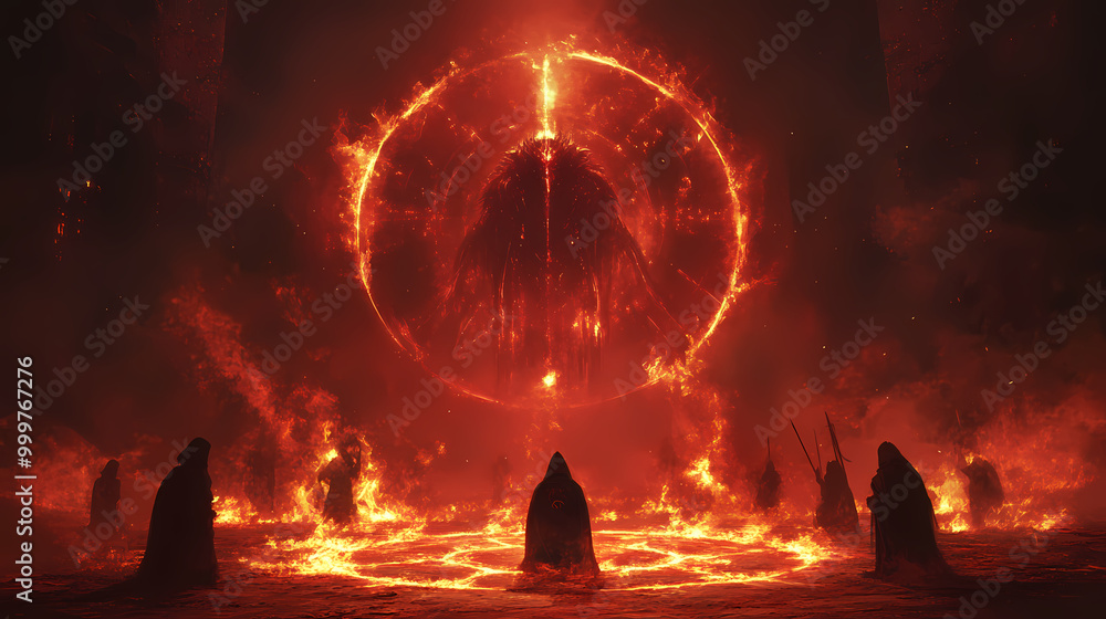 Generative AI, Mysterious Hooded Figures Gather Around a Bonfire in the Dark Woods Generative AI, Mysterious Hooded Figures Gather Around a Bonfire in the Dark Woods
