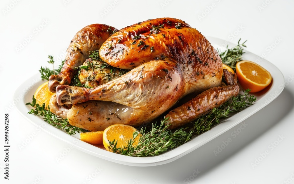 A beautifully roasted turkey with citrus garnishes and herbs, presented elegantly on a festive platter during a holiday gathering A beautifully roasted turkey with citrus garnishes and herbs, presented elegantly on a festive platter during a holiday gathering