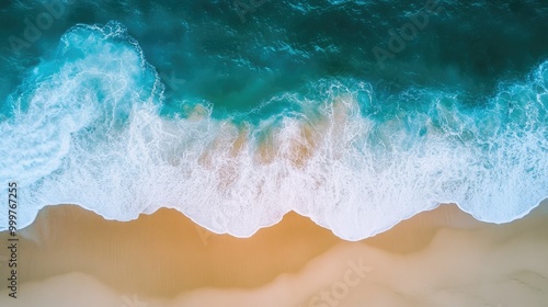 Aerial view of ocean waves crashing onto a sandy beach, showcasing natural beauty and tranquility.