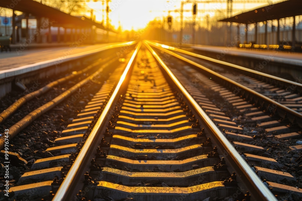 A train track at sunset with warm golden light and long shadows A train track at sunset with warm golden light and long shadows