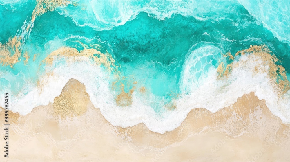 Aerial view of turquoise ocean waves meeting a sandy beach. Aerial view of turquoise ocean waves meeting a sandy beach.