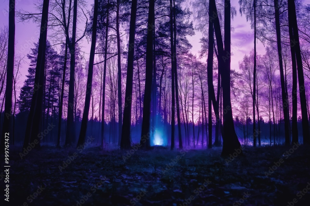 Fototapeta premium Blue ghostly light (Will-o'-the-wisp or ignis fatuus) glowing in an eerie forest at twilight