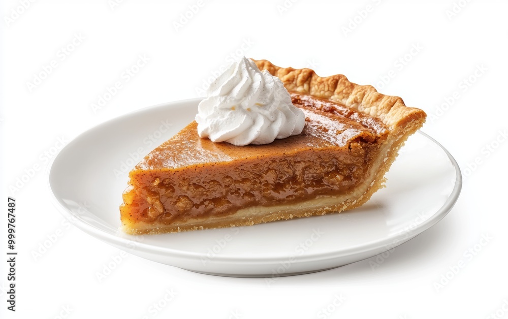 Delicious slice of pecan pie topped with whipped cream on a clean white plate Delicious slice of pecan pie topped with whipped cream on a clean white plate