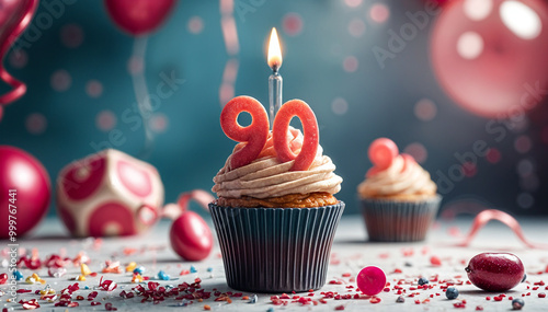 Birthday cupcake with burning lit candle with number 90. Number ninety for ninety years or ninetieth anniversary. photo