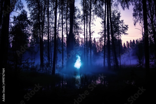 Will-o'-the-wisp (ignis fatuus) glowing in a misty forest at twilight