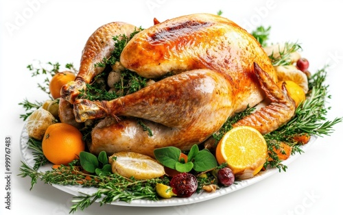 A beautifully roasted turkey with citrus garnishes and herbs, presented elegantly on a festive platter during a holiday gathering photo