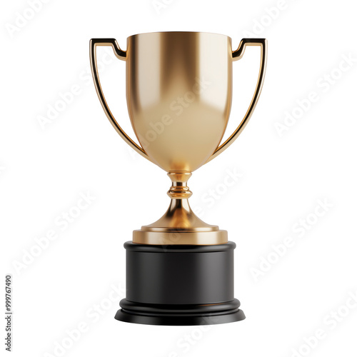 3D golden trophy cup with a sleek black base, representing success and excellence. Perfect for visuals focusing on achievements or competitive events. Isolated on transparent background, png.